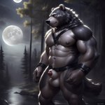 anthro bondage_gear canid canine canis exhibitionism forest genitals harness hybrid male mammal merkindesr moon nude ozzybean penis plant river seductive solo tree ursid wolf