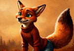 anthro autumn autumn_leaves blouse bottomwear clothing denim denim_clothing disney fog jeans leaning leaning_forward male orange_sky outside pants plant raised_tail smile solo topwear tree hank94_(director) zootopia nick_wilde canid canine fox mammal hi_res