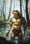 2024 abs anthro biceps bottomwear clothing flower jewelry landscape lily_pad loincloth looking_away male male_focus muscular muscular_male nature nature_background necklace plant scales solo swamp tribal tribal_clothing tribal_jewelry water avaru amphibian frog hi_res