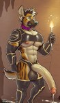 abs anthro armor attempted_signature balls big_penis bodily_fluids breasts code_0_0 collar crop_armor cum cum_on_ground ear_piercing ear_ring genital_fluids genitals hi_res holding_object holding_torch hyaenid male mammal muscular pecs penis piercing ring_piercing solo torch under_boob worried