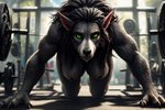 anthro areola big_breasts black_body black_fur blizzard_entertainment breasts canid canine female front_view fur green_eyes gym hanging_breasts kauket kauket_blackmoore mammal nipples nude solo warcraft were werecanid werecanine worgen world_of_warcraft