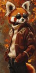 anthro autumn autumn_leaves black_nose bottomwear breasts clothing coat denim denim_clothing eyewear gynomorph intersex jeans pants small_breasts solo sunglasses sweater topwear turtleneck whiskers bahufaru kesuko_ponya_(bahufaru) ailurid mammal red_panda hi_res