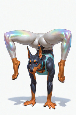 4_toes 5_fingers anthro athletic athletic_anthro athletic_female barefoot biped black_body black_fur black_nose blue_clothing bottomwear bra breasts brown_body brown_fur butt camel_toe claws cleavage clothed clothing collar countershading crop_top feet female finger_claws fingers flexible fur glistening glistening_body glistening_clothing handstand leggings legwear looking_at_viewer midriff multicolored_body multicolored_fur muscular muscular_female navel pants pawpads paws pink_eyes plantigrade shadow shirt short_tail simple_background smile solo sports_bra spread_legs spreading tail teeth tight_bottomwear tight_clothing tight_pants toe_claws toes topwear tuft two_tone_body two_tone_fur underwear upside_down white_background white_clothing yoga yoga_pants unknown_director canid canine canis dobermann domestic_dog mammal pinscher full-length_portrait hi_res portrait