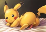 animal_genitalia anus backsack balls bed bedding black_eyes butt erection fur furniture genitals looking_at_viewer looking_back lying male on_bed on_front penis perineum presenting presenting_hindquarters prone rear_view sheath smile solo tapering_penis yellow_body yellow_fur jomisa nintendo pokemon generation_1_pokemon pikachu pokemon_(species)