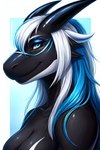 anthro black_body blue_eyes breasts female hair highlights_(coloring) horn looking_at_viewer non-mammal_breasts nude scales solo white_hair butchcinder cetacean delphinoid dragon hybrid mammal marine oceanic_dolphin orca scalie toothed_whale