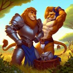 abs anthro armor basket belt bulge canid canine canis clothing container duo felid grass leaf lion male male/male mammal muscular nipples pantherine plant shirtless tree underwear undressing wolf zidanes123