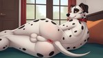 anthro anus balls bedroom collar fur genitals green_eyes inside looking_at_viewer lying male nude on_side presenting smile solo spots spotted_body white_body white_fur huskeyking canid canine canis dalmatian domestic_dog mammal hi_res