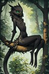 3_toes anthro beak black_body black_fur black_nipples breasts digitigrade feet female fluffy forest fur green_sclera green_tongue in_tree leaf looking_at_viewer navel neck_tuft nipples plant sitting sitting_in_tree slim small_breasts solo spots spotted_body tail_tuft toes tongue tree tuft fenix_ai shadow_(oldhroft) velari hi_res