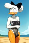 anthro bangs beach beak black_eyes bow_(feature) breasts bulge centered_hair_bow clenched_teeth clothed clothing crossgender disney ducktales ducktales_(2017) erection erection_under_clothing eyeliner genitals gris_swimsuit gynomorph hair hair_bun hands_together intersex looking_at_genitalia looking_at_own_penis looking_at_penis looking_at_self makeup nipple_outline orange_legs penis scut_tail seaside short_tail solo teeth tight_clothing translucent tuft white_body white_hair white_skin wide_eyed worried cloud9999 daisy_duck anatid anseriform avian bird duck hi_res portrait three-quarter_portrait