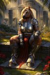 anthro armor blonde_hair bottomwear bulge clothing detailed_background equid equine flower furtasticv20_(model) gynomorph hair hi_res hooves horse intersex light light_beam loincloth looking_at_viewer mammal plant rodinsinker ruins scar smile solo spread_legs spreading sunbeam sunlight unconvincing_armor