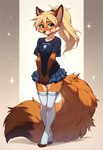 anthro blonde_hair bottomwear breasts clothing cub female green_eyes hair legwear long_tail looking_at_viewer miniskirt ponytail shirt skirt small_breasts solo standing stockings t-shirt thigh_highs topwear young foxlover7796 canid canine fox mammal hi_res