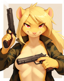 5_fingers action_pose anthro big_breasts blonde_hair border breasts camo camo_clothing camo_print casual_exposure chest_tuft claws clothed clothing confident convenient_censorship countershading covering eyebrows female female_anthro fingers fur gun hair handgun holding_gun holding_handgun holding_object holding_pistol holding_weapon jacket long_hair looking_at_viewer medium_breasts mostly_nude multicolored_body multicolored_fur narrowed_eyes open_clothing open_jacket open_shirt open_topwear pattern_clothing pink_nose pistol pose ranged_weapon red_eyes shirt simple_background small_breasts smile smirk solo tan_body tan_fur topwear tuft weapon white_border yellow_body yellow_fur verbotenvertex mila_minx mammal mink mustelid musteline true_musteline half-length_portrait hi_res portrait shaded