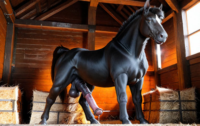 animal_genitalia animal_penis balls barn black_body black_fur bodily_fluids equine_penis feral flared_penis fur genital_fluids genitals hay hay_bale hooves looking_at_viewer male medial_ring natural_lighting penis precum quadruped sheath solo midnightwolf equid equine horse mammal detailed hi_res
