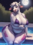 absurd_res anthro bikini bovid bovid_horn bovine bovine_horn cattle clothing curvy_figure female fur hi_res horn leonoser mammal markings pool purple_markings seductive solo solo_focus swimwear voluptuous white_body white_fur