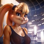 absurd_res anthro bra breasts clothing female hi_res lagomorph leporid lola_bunny looking_at_viewer mammal rabbit smile solo space_jam splice stadium translucent translucent_clothing underwear