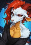 anthro clothed clothing computer curled_horn dark_background eyebrows eyeliner eyeshadow fangs fauxhawk female flat_chested fur hair horn makeup monitor mythology pupils raised_eyebrow red_eyeshadow red_hair scales screen short_hair slit_pupils snout solo solo_focus tail white_body white_fur yellow_body yellow_eyes yellow_scales redactedpaws embril bovid caprine dragon goat hybrid mammal mythological_creature mythological_scalie scalie hi_res