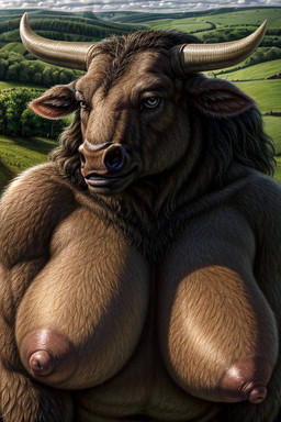 anthro big_breasts big_nipples breasts female fur huge_breasts muscular muscular_anthro muscular_arms muscular_female nipples nude nude_anthro nude_female outdoor_nudity outside snout solo vincefrost bovid bovine mammal minotaur