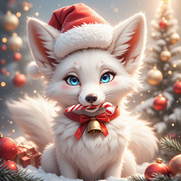 blue_eyes candy candy_cane christmas_clothing christmas_decorations christmas_headwear christmas_present christmas_theme clothing dessert female feral fluffy fluffy_body food fox_spirit fur hat headgear headwear looking_at_viewer santa_hat snow white_body white_fur maw_master canid canine fox mammal