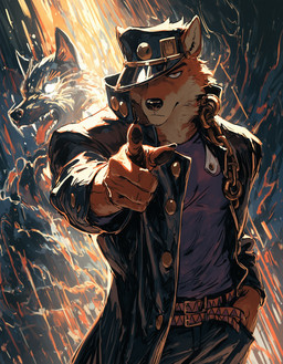 5_fingers alternate_species anthro belt chain clothed clothing coat countershading duo fingers fully_clothed fur furrification gesture hand_in_pocket hat headgear headwear jacket jojo_pose looking_at_viewer male orange_body orange_fur pockets pointing pointing_at_viewer shirt solo teeth tongue topwear unknown_director jojo's_bizzare_adventure jotaro_kujo canid canine canis mammal spirit wolf hi_res