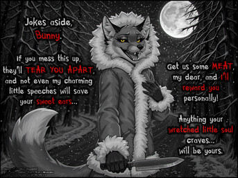 anthro black_sclera blurred_background clothing coat dark eyelashes fangs female forest full_moon hand_on_chest holding_knife holding_object knife long_eyelashes looking_at_viewer moon night open_mouth plant road snow snowing solo tail teeth text topwear tree winter winter_clothing yellow_eyes the_yiff_republic alice_the_vixen canid canine fox mammal absurd_res english_text hi_res monochrome