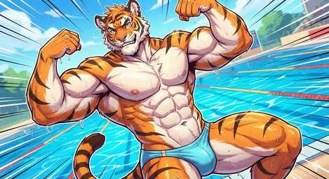 anthro bulge clothing ear_piercing ear_ring male muscular piercing ring_piercing speedo swimwear felid mammal pantherine tiger