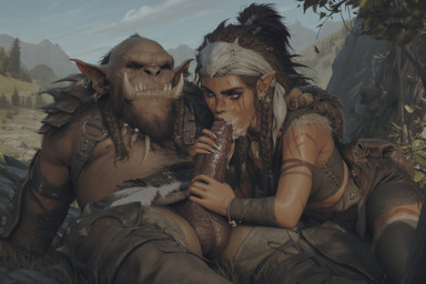 balls bodily_fluids clothed clothing cum duo fellatio female genital_fluids genitals male male/female oral partially_clothed penile penis sex hyperion human humanoid mammal orc