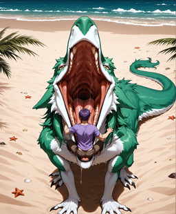 anthro beach beach_background bodily_fluids claws detailed_mouth dripping female fur green_body green_fur group imminent_vore male male/male mouth_shot neck_bulge open_mouth outside realistic saliva saliva_drip saliva_on_tongue saliva_string sea seaside size_difference solo swallowing tongue tongue_out vore water wide_open_mouth aurugy human mammal sergal detailed hi_res