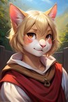 anthro blonde_hair brown_eyes clothing female fur hair nose pink_nose short_hair smile solo tunic yellow_body yellow_fur mindry gwen_(mindry) domestic_cat felid feline felis mammal