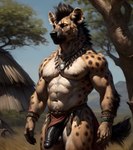 abs anthro balls black_balls black_penis bottomwear clothing fur genitals hi_res humanoid_genitalia humanoid_penis hyaenid jewelry loincloth male mammal mohawk multicolored_body muscular nipples pecs penis plant savanna solo solo_focus spots spotted_body spotted_fur spotted_hyena taji_(director) tree tribal vein veiny_penis