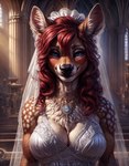 anthro blue_eyes breasts brown_body brown_fur cervid cleavage clothed clothing dress female fur gilkardex hair hi_res jewelry looking_at_viewer mammal necklace red_hair smile solo spots spotted_body spotted_fur wedding wedding_dress wedding_veil white_spots