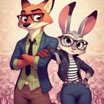 abstract_background anthro black_wristband bottomwear breasts canid canine clothed clothing crossed_arms denim denim_clothing denim_jacket duo entwined_arms eyewear female fox fully_clothed glasses hand_on_hip hooked_arms jacket jeans judy_hopps lagomorph leporid looking_at_another looking_at_viewer male mammal necktie nick_wilde pants pattern_clothing pattern_necktie pattern_shirt pattern_topwear plaid plaid_clothing plaid_shirt plaid_topwear rabbit red_fox shirt small_breasts sport_coat standing striped_clothing striped_necktie striped_shirt striped_topwear stripes suspenders thedarkshadow1990 topwear wristband zootopia