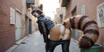 anthro anus bent_over bottomwear bottomwear_down butt clothed clothing female genitals jacket leather leather_clothing leather_jacket leather_topwear looking_back outdoors pants pants_down partially_clothed presenting presenting_anus presenting_hindquarters presenting_pussy pussy raised_tail smile solo topwear furryranch mammal procyonid raccoon hi_res