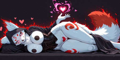 <3 <3_eyes anthro aura bedroom_eyes black_background black_clothing black_nipples black_robe breasts chest_tuft clothing corset dipstick_ears dipstick_tail facial_markings female fluffy fluffy_tail fur genitals glowing glowing_eyes glowing_markings head_markings hood ineffective_clothing inner_ear_fluff lingerie lying lying_on_ground lying_on_side magic markings multicolored_ears narrowed_eyes navel neck_tuft nipples pubes pussy red_body red_fur robe seductive simple_background smile solo spell tail_markings topwear tuft ultrawide white_body whigwham arctic_fox canid canine fox mammal absurd_res full-length_portrait hi_res portrait