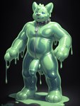 anthro ball blue_eyes body_zipper collar domestic_cat felid feline felis foreskin genitals goo_creature green_body hi_res humanoid_genitalia humanoid_penis living_clothing male mammal melting penis simple_background solo standing