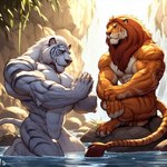 abs anthro cave duo eyes_closed featureless_crotch felid kneeling lion male male/male mammal muscular nude pantherine plant sitting tiger water zidanes123