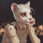 anthro blonde_hair bokeh bored_expression brown_body brown_fur female fur hair hand_on_chin inner_ear_fluff lips looking_away machine pink_lips pink_nose robotic_arms robotic_body simple-background solo synthetic tuft white_body white_fur ilmpbx android domestic_ferret mammal mustela mustelid musteline robot true_musteline hi_res
