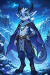 abs anthro blue_body blue_eyes cape clothed clothing detailed_background fur gem hair horn looking_at_viewer male mountains night night_sky partially_clothed scenery snow solo white_hair dragon furred_dragon digital_media_(artwork) full-length_portrait portrait