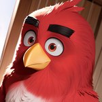 anthro beak eyebrows feathers inside looking_at_viewer male red_body red_eyes red_feathers solo anxiety_(director) red_(angry_birds) avian bird 1:1 hi_res