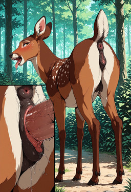 animal_genitalia animal_pussy anus bestiality bodily_fluids breasts brown_body brown_fur butt dripping duo female feral feral_penetrated fur genital_fluids genitals human_on_feral human_penetrating human_penetrating_feral interspecies looking_at_viewer male male/female male_on_feral nipples nude penetration penile penis plant presenting pussy sex tongue tree vaginal vaginal_penetration diddlier cervid cervine human mammal absurd_res hi_res