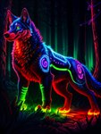 absurd_res ambiguous_gender canid canine canis cattorihanzo colorful feral forest glowing glowing_markings hi_res mammal markings neon plant solo stable_diffusion tree wolf