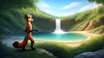 anthro beach black_nose canid canine casual_nudity colored digital_media_(artwork) fox full-length_portrait fur jorofox lake male mammal nude orange_body outside plant portrait red_fox seaside shaded smile solo solo_focus tree tuft wallpaper warm_colors water waterfall widescreen
