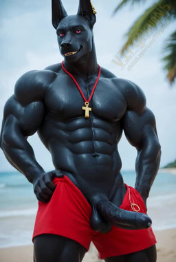 anthro balls beach bodily_fluids bottomwear clothing dancing egyptian_mythology genital_fluids genitals looking_at_viewer male muscular muscular_male nude penis precum seaside seductive shorts solo teasing vlrgromns anubis canid canine canis deity jackal mammal animated short_playtime webm