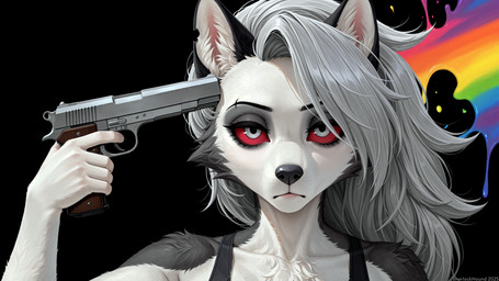 anthro black_background black_nose blank_expression clothing dripping eyebrow_piercing facial_piercing female fingers fur grey_hair gun hair handgun inner_ear_fluff looking_at_viewer notched_ear piercing pistol prick_ears pupils rainbow ranged_weapon red_sclera shirt simple_background solo tank_top topwear tuft weapon sherlock_hound_(director) helluva_boss loona_(helluva_boss) canid canid_demon canine canis demon hellhound mammal wolf 2025 detailed director_name hi_res shaded soft_shading