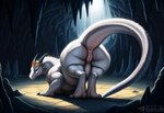 anus bodily_fluids butt cave crown female feral genital_fluids genitals looking_at_viewer looking_back mythology overweight overweight_female overweight_feral presenting presenting_hindquarters pussy pussy_juice raised_tail solo text white_body sergalbutt dragon mythological_creature mythological_scalie scalie signature url