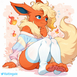 5_fingers ambiguous_gender anthro blond_hair blue_eyes bodily_fluids bottomless cheek_tuft claws clothed clothing ear_tuft facial_tuft fingers fire front_view fur hair legwear long_tail looking_away neck_tuft nervous off_shoulder orange_body orange_fur pawpads paws short_hair shy simple_background sitting solo sweat sweatdrop sweater tail thigh_highs topwear tuft wavy_mouth kaltingale_(director) nintendo pokemon eeveelution flareon generation_1_pokemon pokemon_(species) hi_res signature