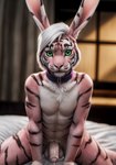 anthro bed bedroom blurred_background bodily_fluids collar dripping felid foreskin fur furniture genital_fluids genitals green_eyes hair hi_res hybrid lagomorph leaking_precum leporid long_ears male mammal navel on_bed pantherine penis pink_body pink_fur precum rabbit solo stablexai stripes tiger white_body white_fur white_hair