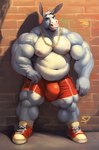 anthro asinus belly benjohnson biceps big_bulge bottomwear bulge clothing donkey equid equine footwear hi_res jewelry male mammal muscular muscular_anthro muscular_legs muscular_male navel nipples pose shoes shorts sneakers solo standing