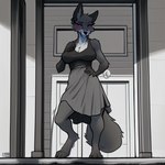 angry_puppy anthro attempted_signature blush bottomwear breasts canid canine canis clothing door female hand_on_hip looking_at_viewer mammal monochrome shirt skirt solo tank_top topwear wolf