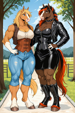 anthro black_hair blonde_hair blouse blue_eyes boots bottomwear brown_body brown_eyes brown_fur clothing collar corset denim denim_clothing duo female footwear fur hair highlights_(coloring) jacket jeans leather leather_clothing leather_jacket leather_topwear lingerie outside pants pencil_skirt punk skirt spiked_collar spikes topwear anonymous_director equid equine mammal hi_res