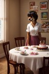 anthro biceps birthday black_hair bottomwear brown_eyes cake chair clothing dark_brown_fur dessert detailed_background dining_room female food furniture hair photo pink_bottomwear pink_clothing pink_skirt round_ears skirt solo white_blouse window hellapoc deni lutrine mammal mustelid